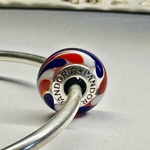 (2C) Pandora Red, White, & Blue Murano Glass Swirl Charm #790937 Rare Retired